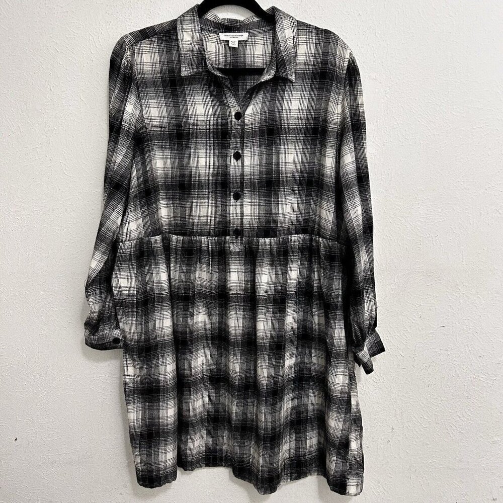 Casual Black & White Plaid Button-Front Dress